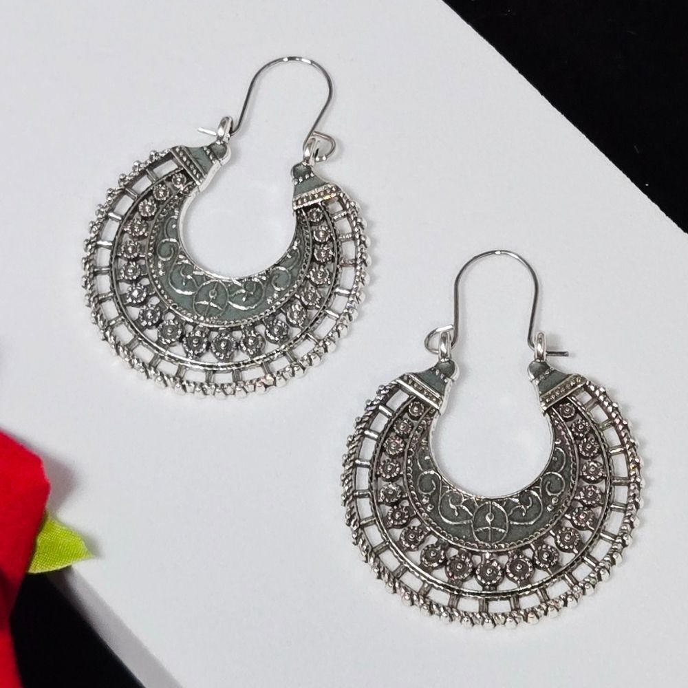 Vintage Bohemian Filigree Hoop Earrings | Bali Gypsy Moroccan Silver Antique